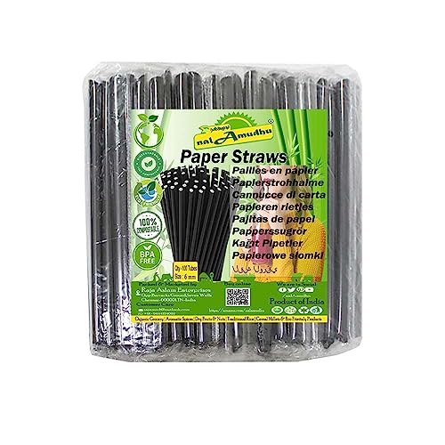 Nalamudhu Pajitas de papel desechables duraderas y ecológicas, color blanco, paquete de 100 (negro, 6 mm)