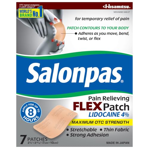 Salonpas Maximum OTC Strength Lidocaine 4% Pain Relieving Apply for Up to 8 Hours Unscented Thin Flexible Lightweight Stays in Place 7 Patches
