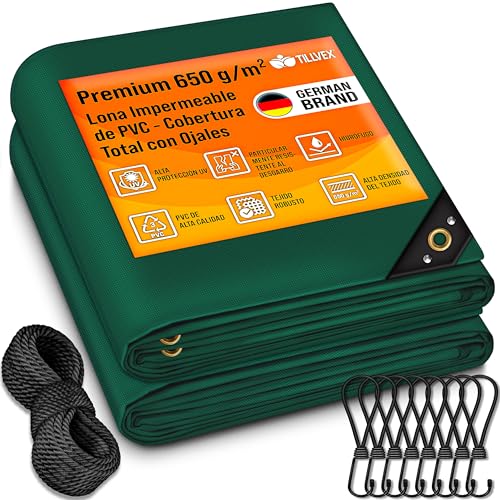 tillvex® Lona con Ojales + 10 Ganchos y Cuerda de 15 m, Lona de 650 g/m² Exterior, Impermeable y al desgarro, Lona de PVC Universal para Camiones, Piscinas, Muebles de jardín, Cubierta Cubierta