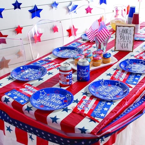 Image of Fun Express Patriotic Red Plastic 100ft Tablecloth Roll - Disposable, Quick Cleanup - Rectangular, All-Season, 40x1200in, 2.45lbs | 100 ft, Disposable, USA American Flag Stars and Stripes Theme, Perfect for 4th of July, Memorial Day, BBQ Cookouts