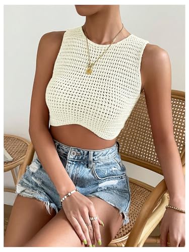 Image of GORGLITTER Women's Crochet Crop Tank Top Hollow Out Sleeveless Fashion Trendy Knit Copped Vest Tops