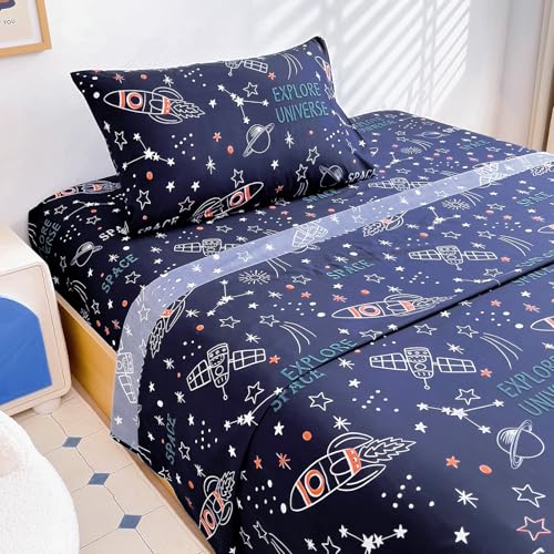 Homilay Twin Sheet Set Kids - Navy Blue 3 Pieces Soft Microfiber Cartoon Style Bedsheets for Boys Girls Teens, Oeko TEX Breathable 15 Inch Deep Pocket Sheets(Space Rocket)