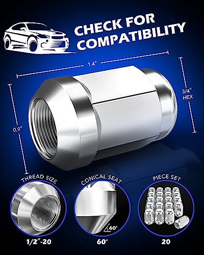Orion Motor Tech 1/2"-20 Lug Nuts with Cone Seat for Ford Mustang, Explorers, F-150, Dodge Ram 1500, Jeep Wrangler | Chr