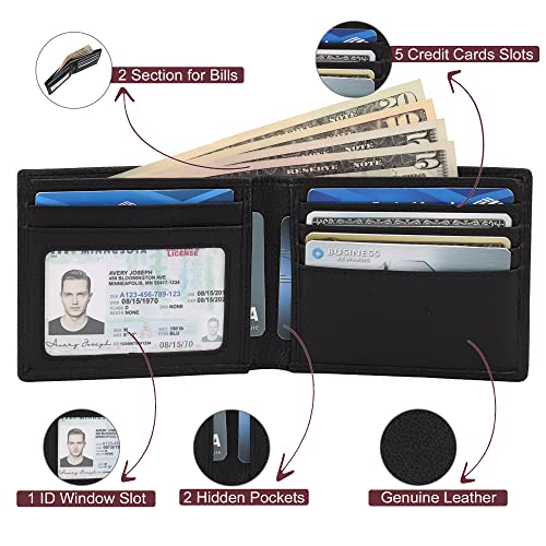 Mens Leather Wallet with ID, Slim Design | RFID Blocking, 5 Credit Card Slots, 1 ID Window, 2 Sections for Bills & 2 Additional Slots | Gift Boxed by Botanner Genuine Leather -Black3