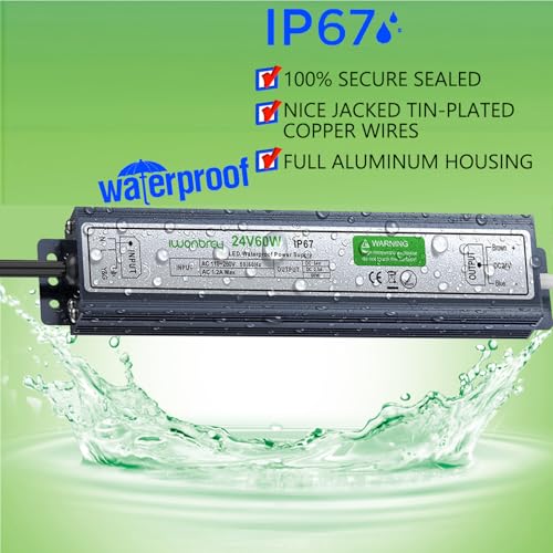 Image of LED Driver 60 Watts Waterproof IP67 Ultra Thin 0.87in 24V 2.5A DC Output Low Voltage Transformer Outdoor Power Supply Adapter for LED Strip,Landscape Lighting Project, and Any 24V LED Lights
