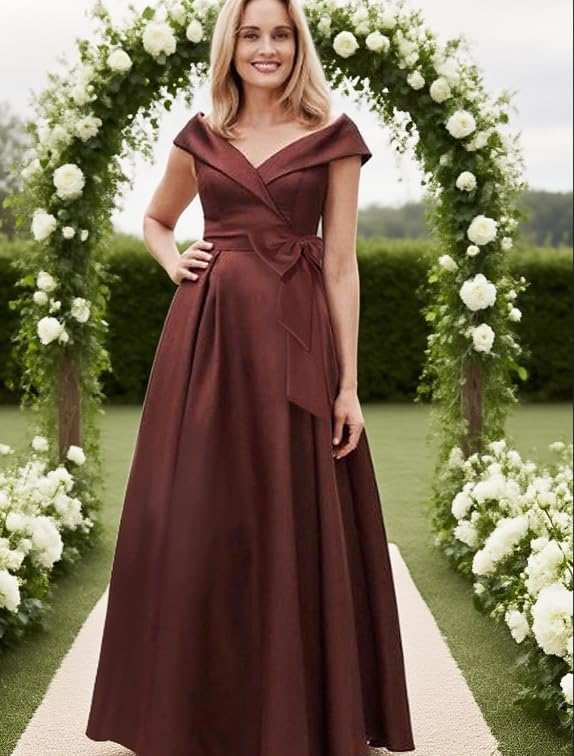 Satin V Neck Mother of The Bride Dresses for Women Long A Line Bow Formal Evening Dresses with Pockets4
