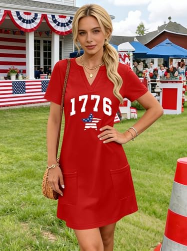 Image of Ithalt 4th of July Dresses for Women Patriotic Dress Red White and Blue Outfits American Flag V Neck Sundress with Pockets