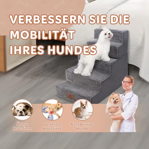 Sytopia Hundetreppe Große Hunde 5 Stufen Hoch, Hundetreppe für Bett 60cm, Haustiertreppe waschbar, hochdichter Schaumstoff, für verletzte ältere Hunde (57cm Höhe, Grau)