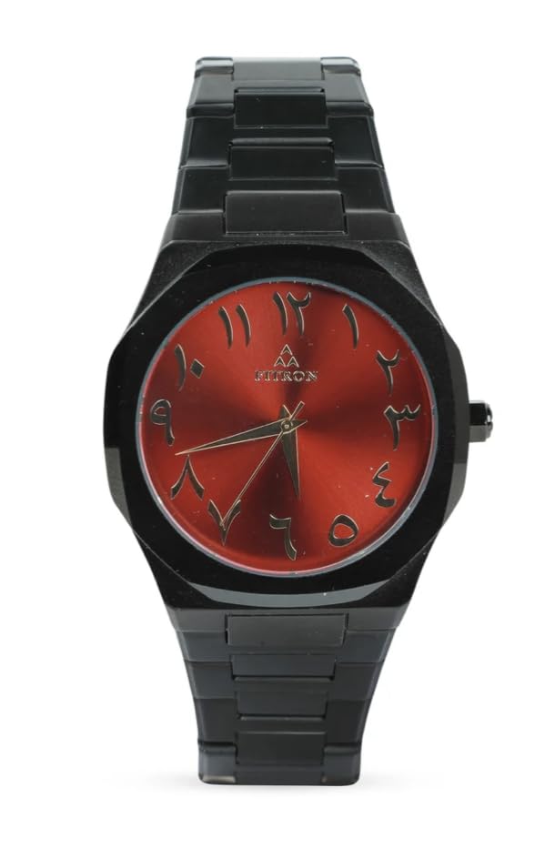 FT Black Men's Wrist Watch, Red Dial, with Gold Arabic Numbers, Stainless Steel Bracelet