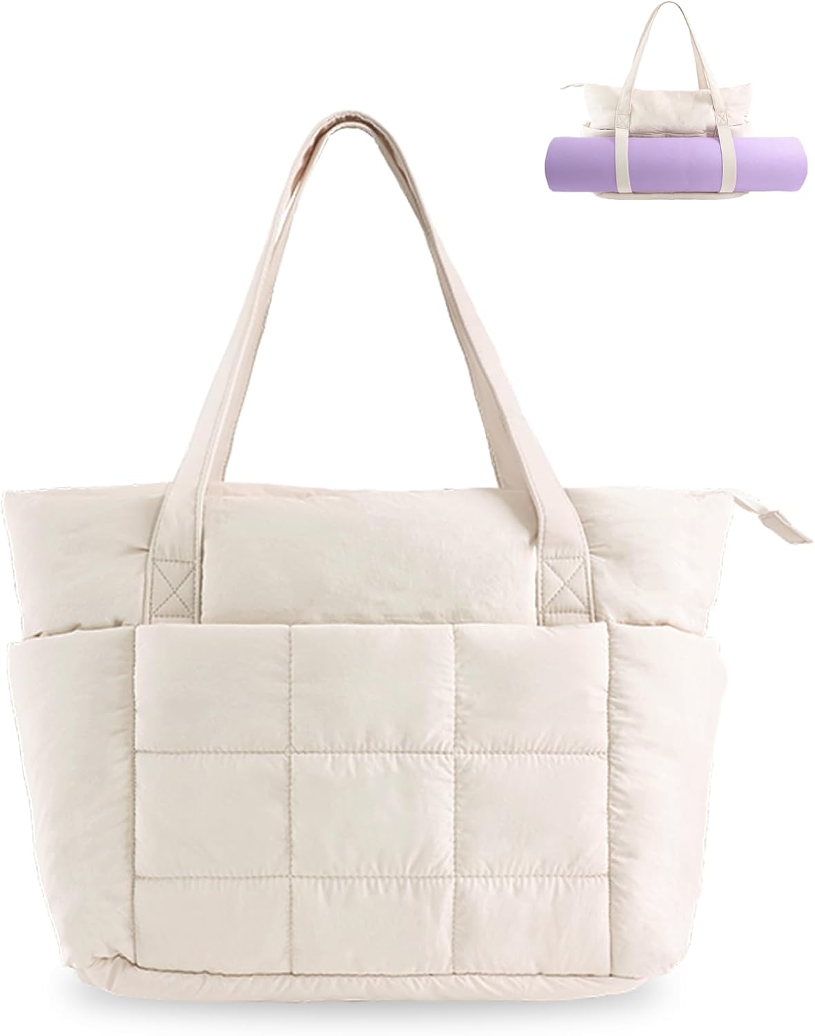 U+U Puffer Tote Bag for Women, Quilted 16" Laptop Work Tote with Yoga Mat Strap & Luggage Sleeve for Travel Gym