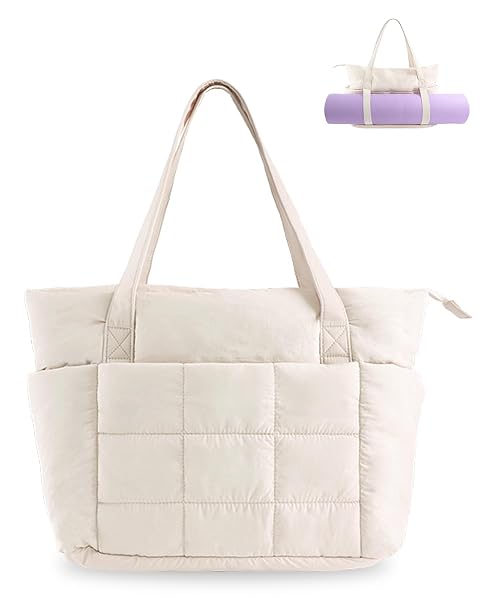 U U Puffer Tote Bag for Women Quilted 16 Laptop Work Tote with Yoga Mat Strap Luggage Sleeve
