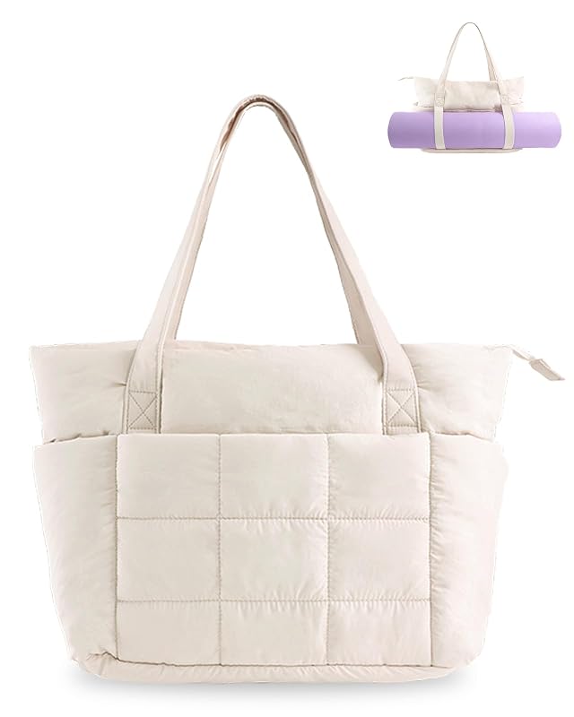 U U Puffer Tote Bag for Women Quilted 16 Laptop Work Tote with Yoga Mat Strap Luggage Sleeve