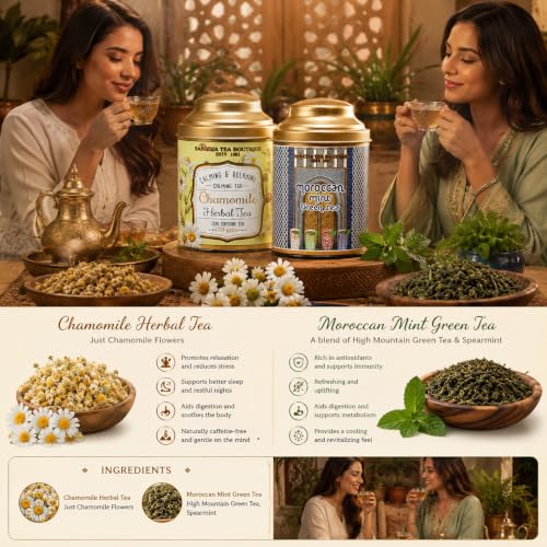Image of Sancha Tea Boutique, Tea Combo Pack: Chamomile Herbal (50g), Caffeine Free Herbal Tisane & Moroccan Mint Green Teas (100g), Refreshing & Calming Drinks