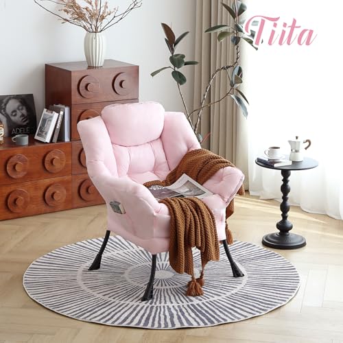 Image of Tiita Lazy Chair, Pink Modern Large Accent Armchair, Comfy Leisure Sofa Reading Chair for Bedroom, Living Room, Dorm Rooms, Garden and Courtyard, Pink