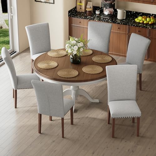 Image of COLAMY Parsons Dining Chairs Set of 6, Upholstered Fabric Dining Room Kitchen Chair with Nailhead Trim and Wood Legs - Light Grey