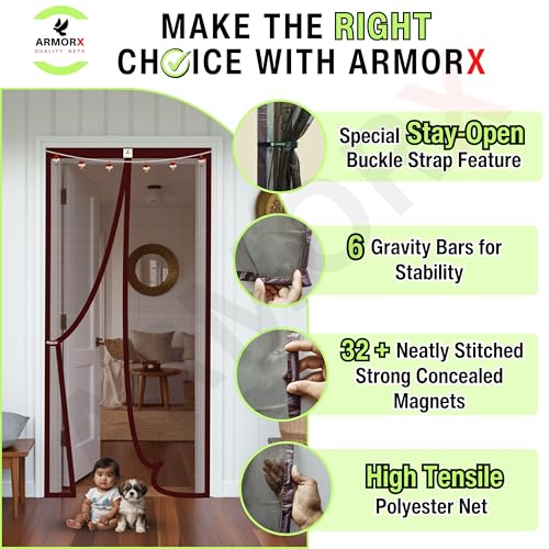 Image of ARMORX Premium Collection Magnetic Mosquito Net for Doors | Self Closing Magnets & Stay-Open Buckle Feature | Incl. Toran for Classy Look & Decor | Royal Brown -185cm x 120cm
