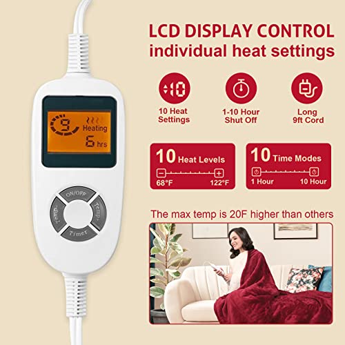 Heated Blanket Electric Throw, Electric Blanket Flannel & Sherpa Fast Heating 50" X 60" With 10 Heating Levels & 1-10H Auto-Off Timer, Soft Throw Blanket Etl Certification Home Office Use(Red) #TOP1