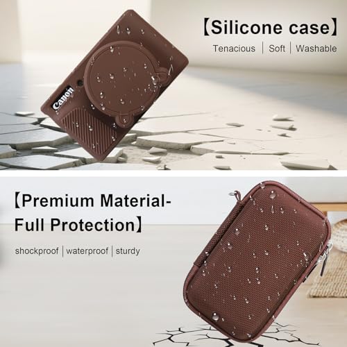 Image of Elonbo Camera Case for Canon PowerShot SX740 / SX730 Digital Camera, Canon SX740 / SX730 HS Hard Carrying Case + Soft Silicone Cover with Removable Lens Cover, Coffee Color