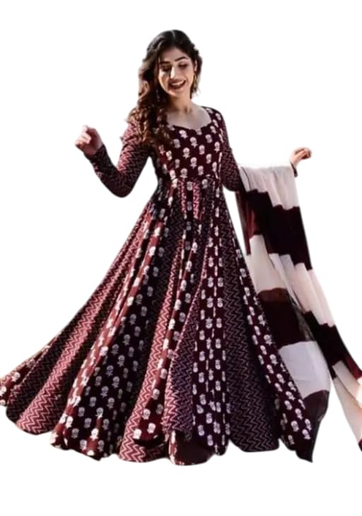 Women's Maroon Printed Anarkali Gown with Dupatta Flared Ethnic Gown Set for Women Rayon Long Gown for Festive (Wine,M)-image-19