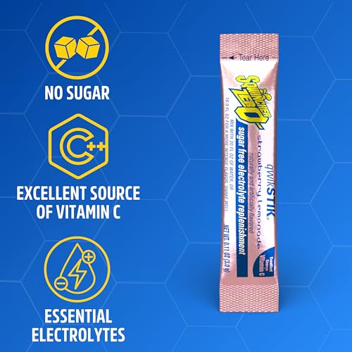 Image of Qwik Stik, Sugar Free Drink Mix Powder, 20 oz Yield per .11 oz Pack, Strawberry Lemonade, 50PK - 1 Each | Zero sugar electrolyte mix, fast-dissolving single-serve sticks, just add to 20oz water bottle for quick on-the-go hydration