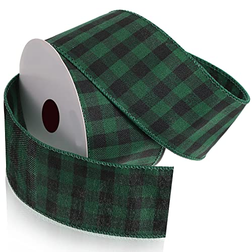 15 Yard Christmas Wired Edge Ribbons Buffalo Plaid Burlap Ribbon for Gift Wrapping Crafts Tree Decoration (Black Green, 2.5 Inch Wide)