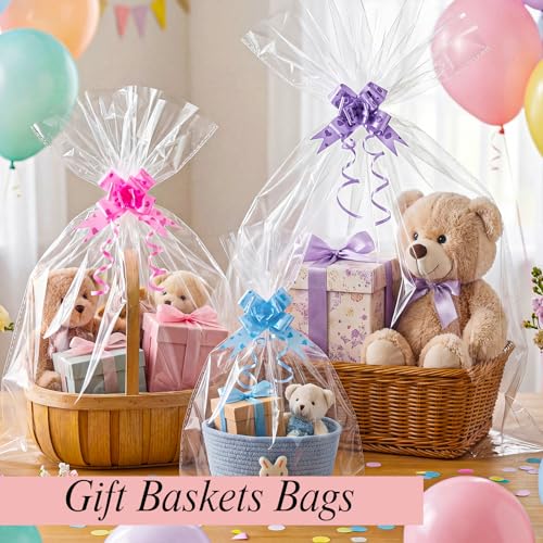 Image of woric 20 PCS Clear Large Cellophane Bags 3 Sizes 30x40 24x30 16x24in | Cellophane Wrap for Gift Baskets Plastic Gift Bags with 20 Pull Bows for Baby Shower Back to School Graduation Gifts Wrapping