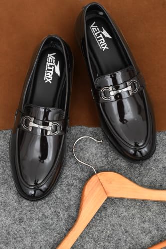 Image of VELTRIX Men's Premium Patent Leather Finish Formal Loafers | Horsebit Buckle Slip-On Shoes | Comfortable Office, Party, Wedding & Business Dress Shoes Aldo Plain Patent