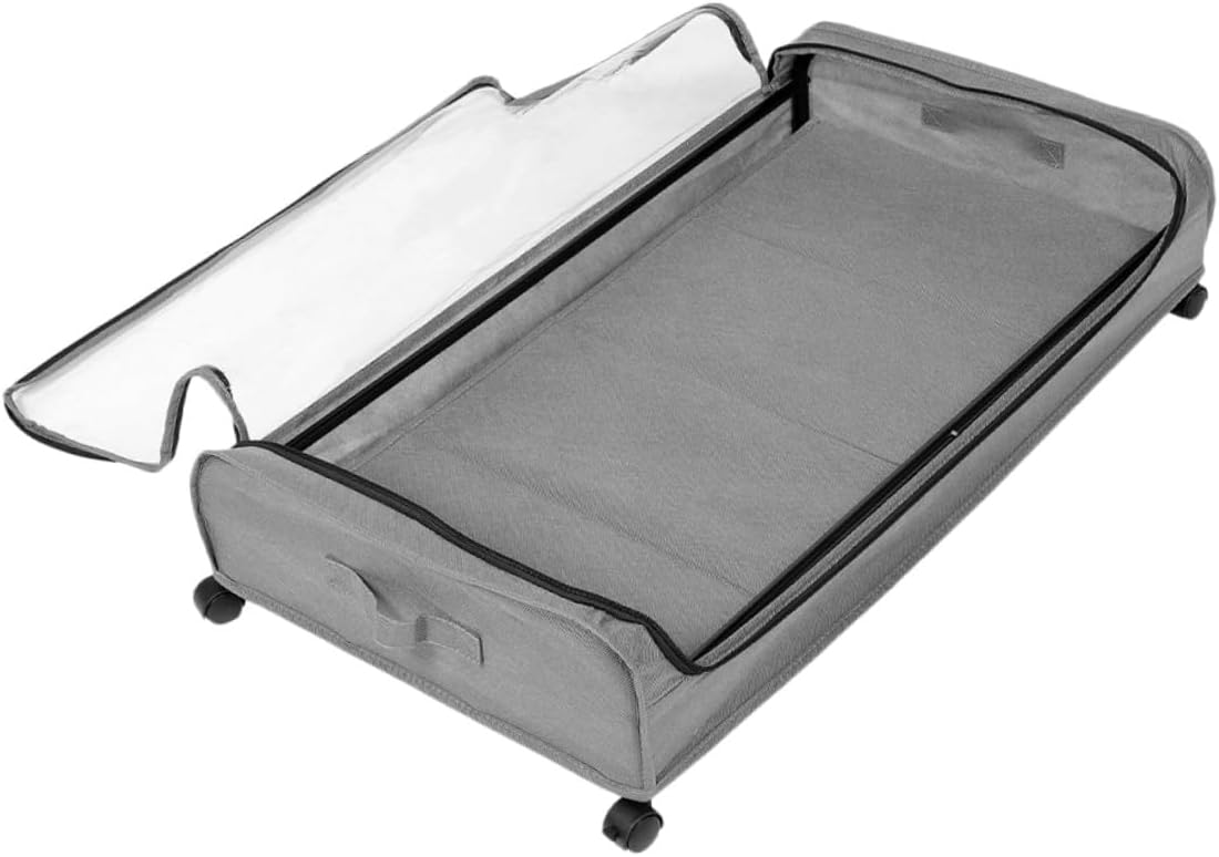Under Bed Clothes Storage Box with Wheels Large Capacity Lidded Organizer Bin for Quilts Blankets Bedding Gray Transparent Cover