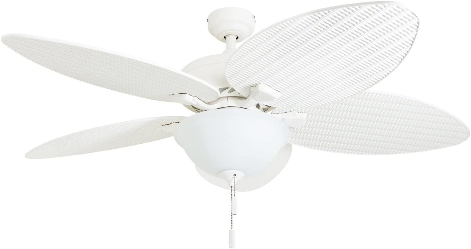Honeywell Palm Island 52 Inch Tropical Indoor Outdoor Ceiling Fan, LED Light, 5 Palm Leaf Blades, Pull Chain Control, Quiet Motor, White