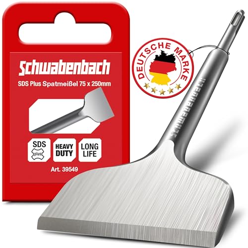 SCHWABENBACH ® Spatmeißel SDS Plus 75 x 250mm - Ideal zum Abtragen von Verputz - Fliesen entfernen - Fliesenmeißel - Extra Gehärtete Flachmeißel Spitze - Mauer Abstemmen mit Bohrhammer (kein SDS MAX)