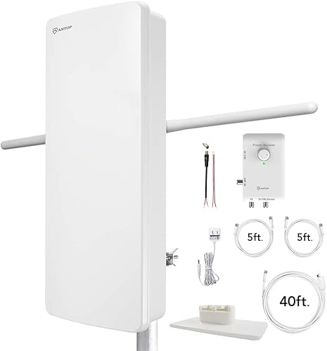 ANTOP Antena amplificada HDTV y FM para interiores y exteriores 85 millas AT-800SBS Antena con doble salida Smart Boost, compatible con TV y segundo