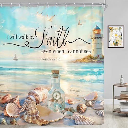 Riyidecor Beach Bible Verse Shower Curtain Ocean Christian Scripture Hawaiian Coastal Lighthouse Quote Nautical 72Wx72H Inch Starfish Seashells Fabric Decor Bathroom Polyester Waterproof 12 Pack Hooks - Image 2