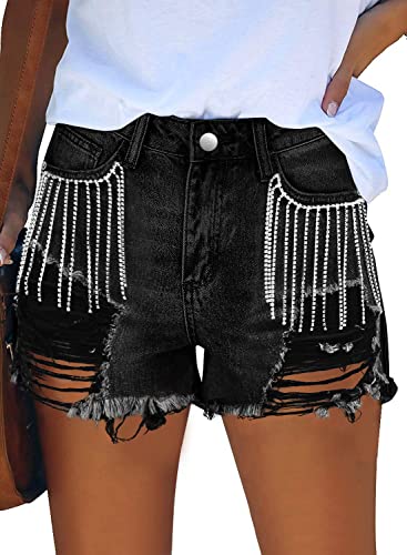 JMITHA Black Rhinestone Shorts Mid Rise Ripped Frayed Hem Cute Jeans Shorts (10, Black)