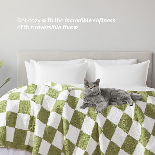 Image of Elegant Comfort Checkered Throw Blanket, Sage Green Super Soft Cozy Fluffy Warm Throw Blankets for Couch, Sofa, Chair, Bed, Camping, Picnic, Travel Lightweight Bed Blanket (50 inch x 70 inch)