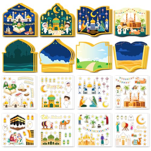 Eid Mubarak and Ramadan Kareem Craft Kit - 48 PCS DIY Mosque Scene Stickers for Kids, Create Your Own Religious Label Decal, Hanging Ornament Set for Eid Al-fitr Classroom Party Favor Goodie Supplies