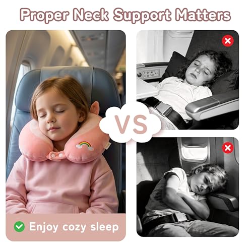Image of Kids Travel Neck Pillow for Ages 3-8, Memory Foam, Removable Cover, Unicorn | Machine washable, 13 in neck size, hidden zipper, 360-degree head and chin support, car seat and airplane use