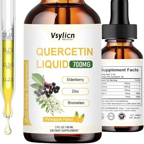 Quercetin Liquid Drops - Quercetin Supplements 700mg - 4X Stronger Than Pills & Capsules - 5 in 1 with Bromelain Elderberry Vitamin for Immunity Health Respiratory Health Skin Care- 2 Fl Oz