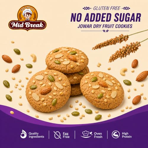 Image of Midbreak No Added Sugar Jowar Millet & Dry Fruit Cookies 100g | Gluten-Free High-Fiber Healthy Biscuits | Diabetic-Friendly Snack with Nutritious Dry Fruits | Pack of 1