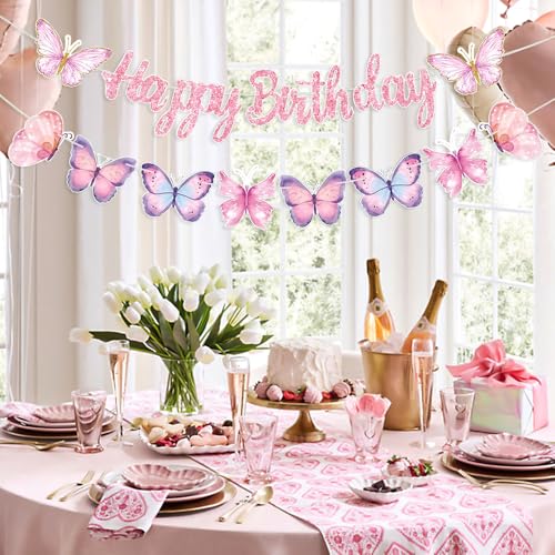 Image of Yajuo Pink Butterfly Birthday Banner, 63 inch x 23.6 inch, Fade Resistant, Lightweight, Women /Girls /Teen Girls