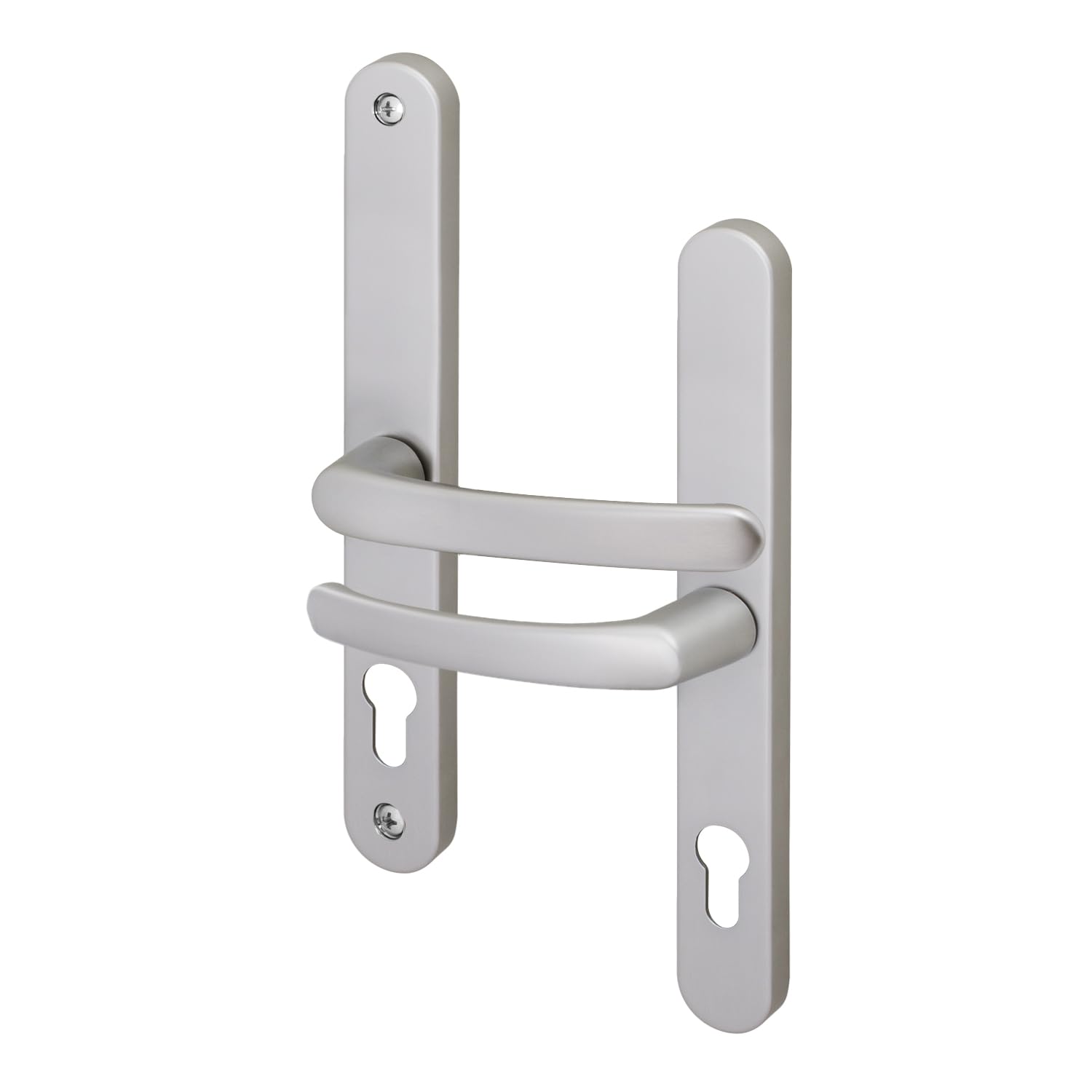 Eai Silver Upvc Door Handles, Composite Front Door Handles Sprung, 68Mm Pz Centres, 215Mm Screw To Screw, 246X32mm Backplate