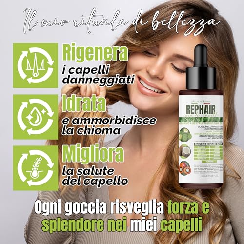 Olio Capelli Rephair 2X100 Ml – Con Olio Di Rosmarino, Batana, Soia E Lavanda – Stimola Crescita E Idratazione Profonda, Contrasta La Caduta, Nutre E Rinforza 100% Made In Italy - 2