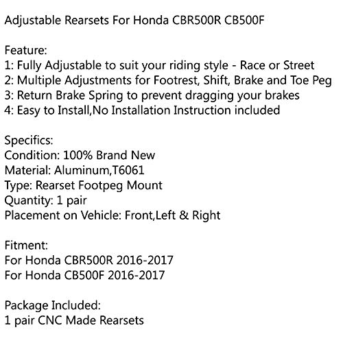 Areyourshop Motorcycle Rearset Foot Pegs, Adjustable Rear Set Footrests Rearset Foot Boards Fits For Honda Cbr500R 2016-2017, Cb500F 2016-2017 #TOP5