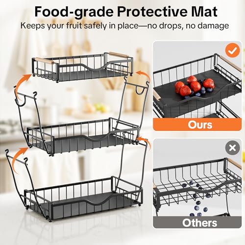THKVESN 3 Tier Fruit Basket for Kitchen Countertop with 2 Banana Hangers,Detachable Metal Fruit Bowl with Wooden Handles and Protective Pads,Large Capacity Fruit and Vegetable Basket Organizer,Black by THKVESN - Used condition - Image 3