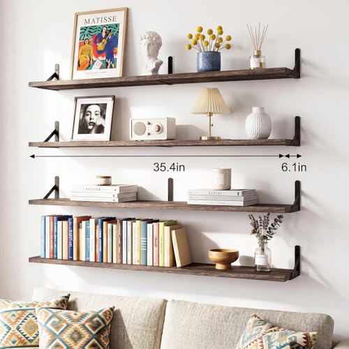 Image of YGEOMER Floating Shelves for Wall, 35in Brown Wall Shelves for Living Room, Bathroom, Bedroom, Kitchen, Home Decor (Set of 4)