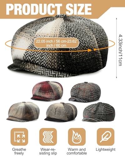 Image of Suhine 6 Pcs Newsboy Cap for Men Octagonal Hat 8 Panel Wool Blend Beret Flat Tweed Adjustable 22 to 24 Inch