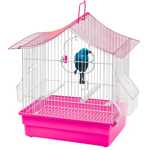 MOLY Jaula para Pájaros 31 x 20 x 28 cm Rosa | Pajarera Plegable y Desmontable Canarios, Periquitos y Aves Pequeñas | 2 Comederos + 2 Palos para Posarse + Columpio | Fácil Limpieza y Transporte