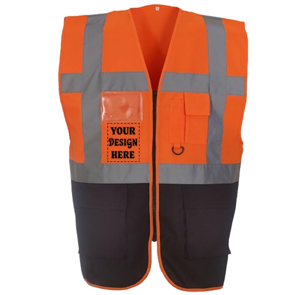 D&T Personalised Hi-Vis Reflective Vest with Zipper and Pockets – High Visibility Safety Waistcoat – Unisex Polyester Workwear (UK, Alpha, L, Regular, Regular, Orange/Black)