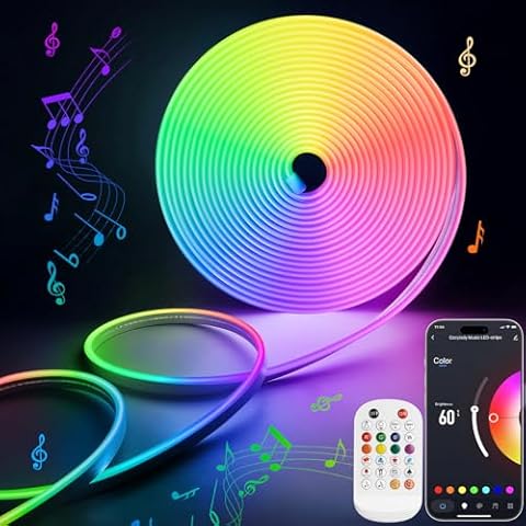 Lamomo Led Strip Lights, Flexible RGB Led Lights Neon Rope IP65 Waterproof Neon Flex Cuttable Bluethooth Compatible 16.4ft Color Changing Bluetooth Phone App Control with Remote for Party DIY Cover