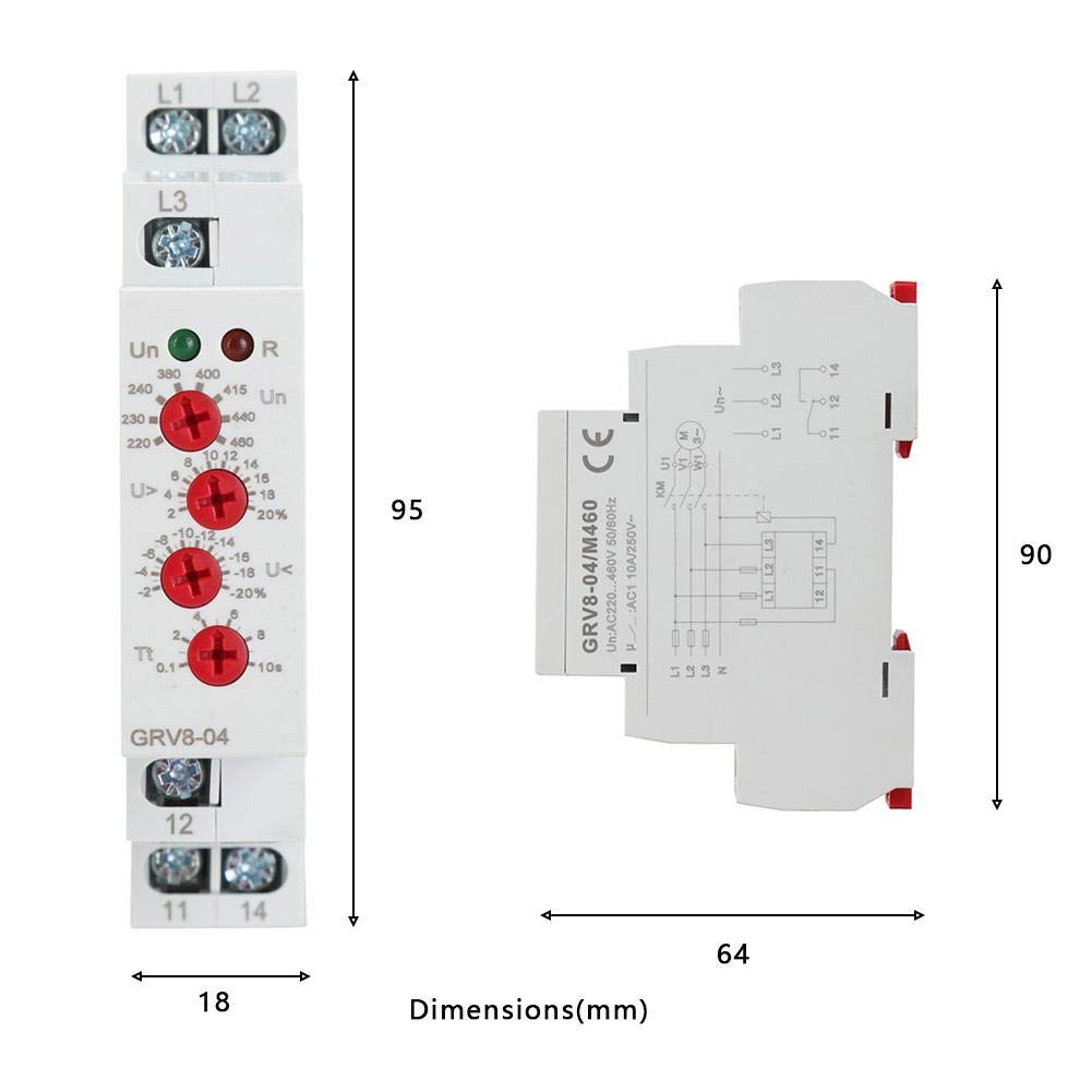 Relé de monitoreo de voltaje, GRV8-04 Relé de monitoreo de voltaje trifásico Secuencia de fase Protección de falla de fase M460 35 mm Montaje en riel DIN