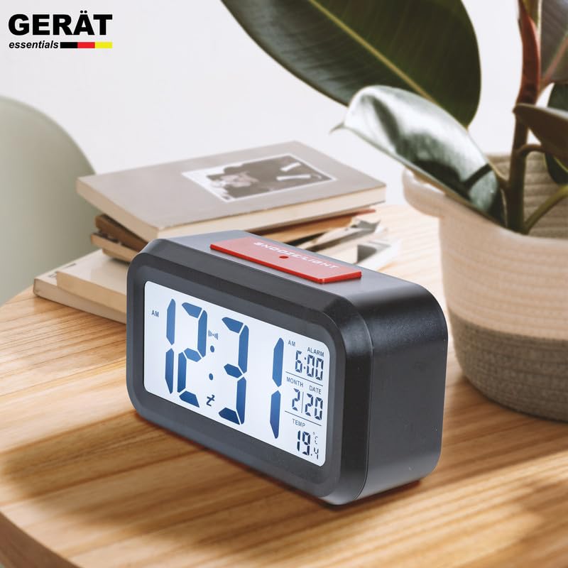 Image of GERAT Kabel Digital Clock with Alarm for Students, Home, Office, and Bedroom | Multiple Alarms with a Snooze Function | Temperature, Day and Month Indicator, Light Sensor for Night Vision, Black /Red